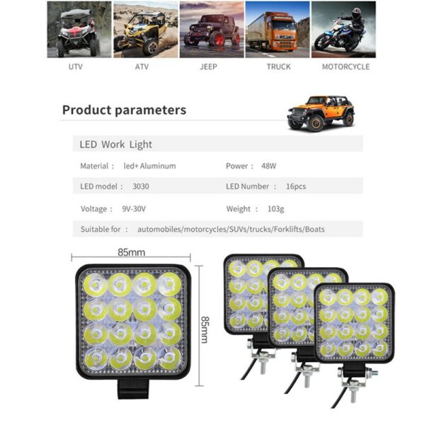 Proiector patrat de lucru LED pentru Camion, OffRoad, Tractoare, Utilaje, 12V /24V, putere 48W - imagine 5