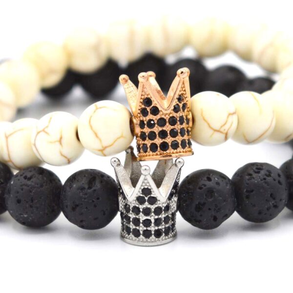 Bratari Cuplu King & Queen Pietre naturale semipretioase Pietre Lava Stone si Howlit Crem Coroana Argintie si Rose Gold Otel Inoxidabil - imagine 2