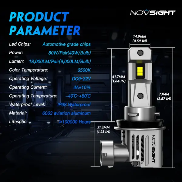 Set 2 becuri LED Novsight Seria PRO N66 model 1:1 soclu H8 H9 H11 18000LM 80W - imagine 2