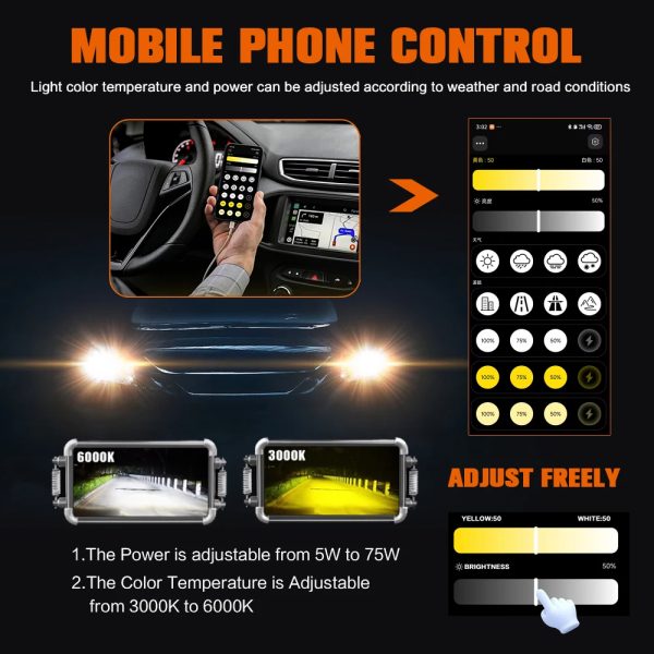 Set 2 x Becuri LED H7 Bluetooth Smart cu Aplicatie Mobila 5W - 75W 10000LM Galben - Alb Rece 3000K-6000K - imagine 3