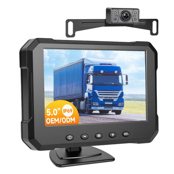 Set Kit Camera Marsarier pentru Placuta de Inmatriculare si Monitor de 5.0 inch, Conexiune FIR 8M, Alimentare Bricheta sau Directa
